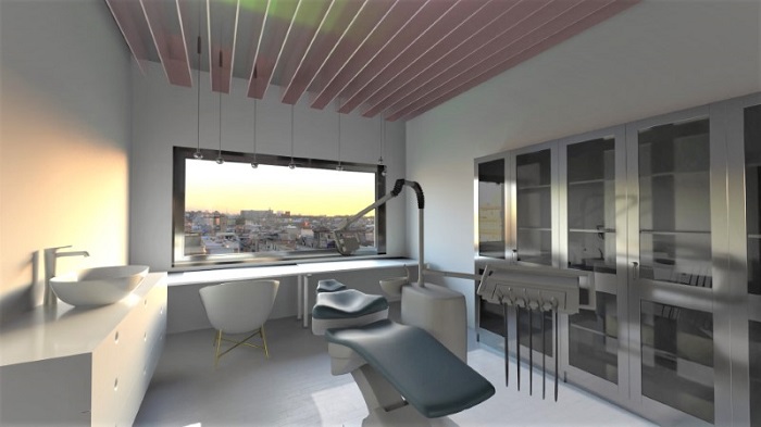 A very stylish dentist office with seating for the patient, lots of shelves. There 's a window with a beautiful view outside.